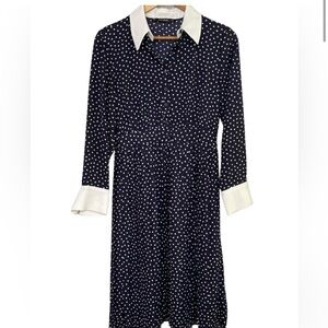 Zara Navy and White Long Sleeved Pleated  Polka Dot Dress